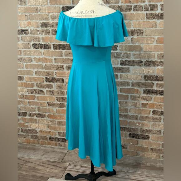 Susana Monaco teal off the shoulder stretch midi dress romantic pretty sz M - Picture 2 of 8